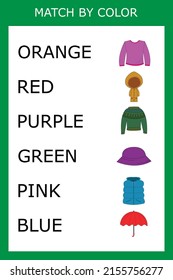 Connect the name of the color and the character of the clothes. Logic game for children.