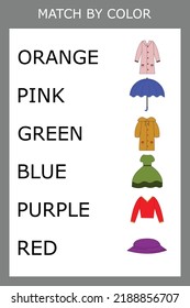 Connect the name of the color and the character of the clothes.  Logic game for children.