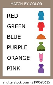 Conecte el nombre del color y el carácter de la ropa.  Juego lógico para niños.