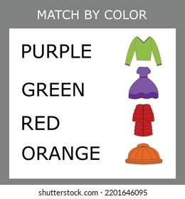 Conecte el nombre del color y el carácter de la ropa.  Juego lógico para niños.