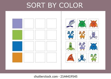Connect the name of the color and the character of the monster. Logic game for children.