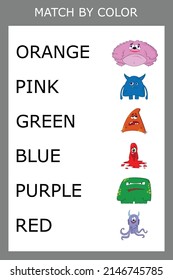 Connect the name of the color and the character of the monster. Logic game for children.