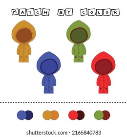 Connect the name of the color and the character of the raincoat. Logic game for children.
