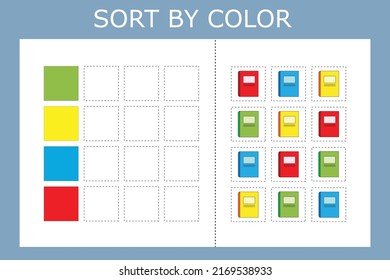 Connect the name of the color and the character of the stationery for school. Logic game for children.

