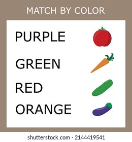 Connect the name of the color and the character of the vegetables. Logic game for children.