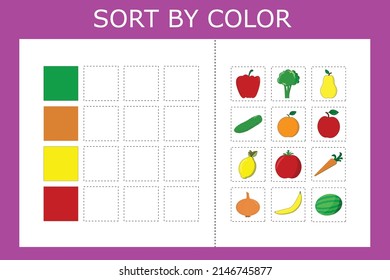 Connect the name of the color and the character of the vegetables and fruites. Logic game for children.