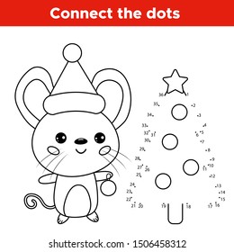 Connect the numbers dot game. Activity worksheet for children. Cute kawaii mouse character with Christmas tree. Coloring page. Chinese New Year symbol - rat.
