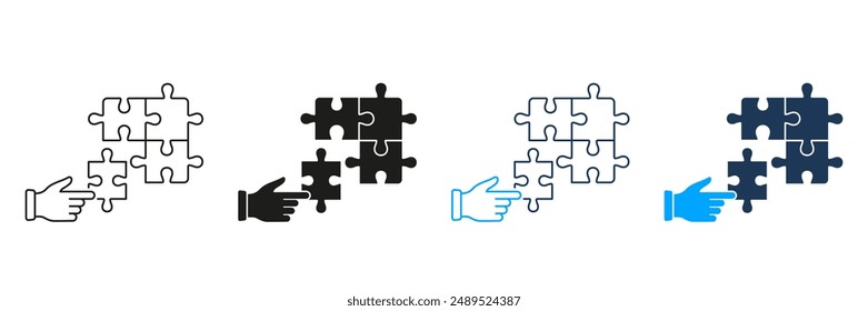 Connect Parts of Puzzle Sign. Human Hand and Jigsaw Line and Silhouette Icon Set. Team Game, Puzzle Strategy Solution Sign. Brainstorming Concept. Editable Stroke. Isolated Vector Illustration.