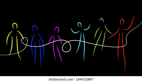 connect the people concept, crowd of vivid colored people connected with one white line, communication creative contemporary idea,