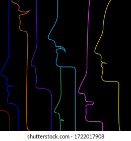 connect the people concept, crowd of vivid colored people created in simple line on black backbackground, communication creative contemporary idea, vector