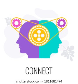 Connect people icon. Mechanism and gears in the head. Metaphor of contact, interaction and teamwork. Flat vector cartoon illustration.