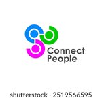 Connect people together icon representing connectivity and unity. Vector emblem featuring interlinked circular shapes in blue, green and pink, symbolizes teamwork, collaboration, union, cooperation