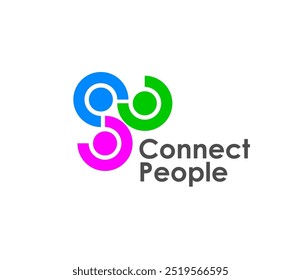 Connect people together icon representing connectivity and unity. Vector emblem featuring interlinked circular shapes in blue, green and pink, symbolizes teamwork, collaboration, union, cooperation