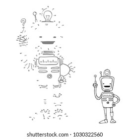 Connect points. Cartoon robot picture, vector character. Numbers game for children.