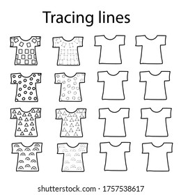 Connect the points repeat the pattern and color the shapes on the t-shirt. Exercises for handwriting skills and for developing motor skills. Trace line worksheet for kids.