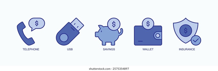Connect And Protect Icon Set Isolated Vector With Icon Of Telephone, Usb, Savings, Wallet, Insurance In Blue Style