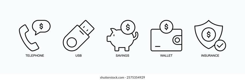 Connect And Protect Icon Set Isolated Vector With Icon Of Telephone, Usb, Savings, Wallet, Insurance In Outline Style