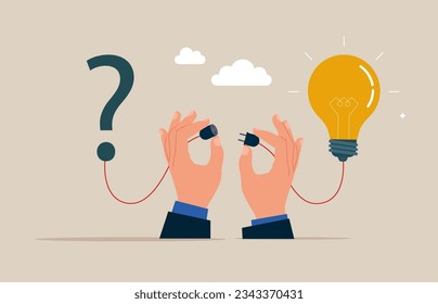 Connect question mark with lightbulb solution. Solution solving problem, answer to hard question or innovation help business success. Vector illustration