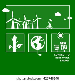 Conectarse a la energía renovable. Ilustraciones verdes de diseño plano.