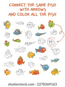 Connect the same fish with the arrows. Color all animals. Matching game. Educational game for children. Colorful cartoon characters. Funny vector illustration. Isolated on white background