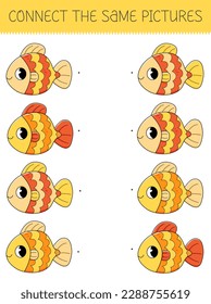 Connect the same pictures game with cartoon goldfish. Children's game with cute fish. Vector illustration