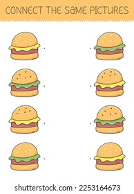 Connect the same pictures game with a cute cartoon burger. Children's game with a hamburger. Vector illustration.