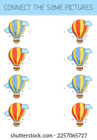 Connect the same pictures game with a cute cartoon airship. Children's game with a airship. Vector illustration.