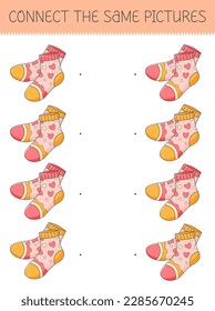 Connect the same pictures game with cute cartoon socks. Children's game with socks. Vector illustration.