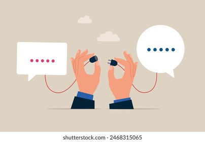 Connect socket between texting message. Discussion, conversation, meeting, team communication, colleague chatting, opinion. Flat vector illustration.
