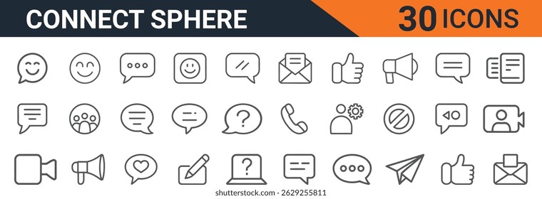 Conectar o conjunto de ícones do vetor da esfera - bate-papo, mensagem, e-mail, chamada, feedback e social mídia Linha de comunicação Ícones para Web e design de UI
