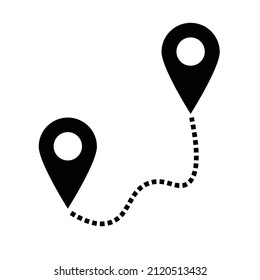 Connect the starting point and the destination with a pin on the map. Dotted line. Vectors.
