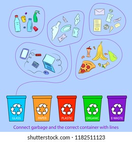 Connect waste with right containers bins, see right color. Kid children book. Vector illustration