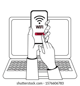 Connect to WiFi. Hand holding smartphone with wifi wireless connection. Free public hotspot in a cafe or hotel. Modern flat vector illustration.