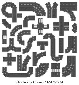 Connectable highway road elements. Crossroads, footpath and speedway highways crossroad junction mark. Asphalt street lane city traffic roads with marking segment vector isolated sign set