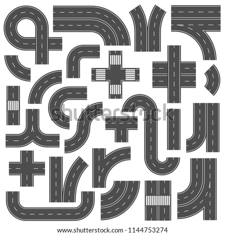 Connectable highway road elements. Crossroads, footpath and speedway highways crossroad junction mark. Asphalt street lane city traffic roads with marking segment vector isolated sign set