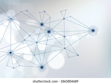 Connected 3d mesh technology and science background. With blurred defocused round lights texture. Vector abstract virtual particles structure.