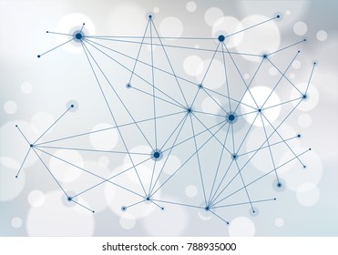 Connected 3d mesh technology and science background. With blurred defocused round lights texture. Vector abstract virtual particles structure.