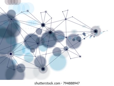 Connected 3d mesh technology and science background. With blurred defocused round lights texture. Vector abstract virtual particles structure.