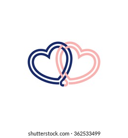 Connected blue and pink hearts. Designed logo for St. Valentines Day. Wedding symbol.
