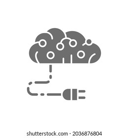 Connected brain to circuit board, artificial intelligence grey icon.