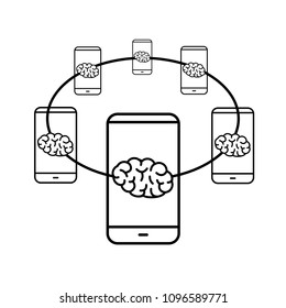 Connected brains. Vector concept illustration of brain network connected with smartphones | flat design linear infographic icon black on white background