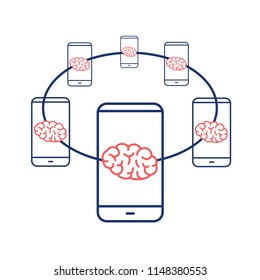 Connected brains. Vector concept illustration of brain network connected with smartphones | flat design linear infographic icon red and blue on white  background