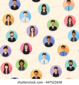 Connected businessman and businesswoman via social network seamless pattern. Flat design people characters.