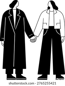 Connected by the Heart: Two figures stand hand-in-hand, symbolizing a deep bond. The clean lines and monochromatic palette of this illustration speak to unity and a profound connection.