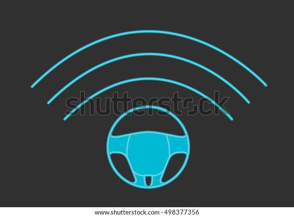 Connected car concept logo. Steering wheel and\
Internet waves.