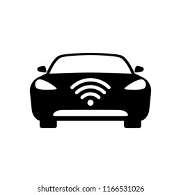 Connected car icon. Car front view and wi-fi, gps, wireless navigator or alarm signal. Vector Illustration