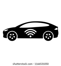 Connected car icon. Car side view and wi-fi, gps, wireless navigator or alarm signal. Vector Illustration