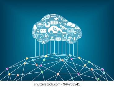 Connected Car And Internet Of Things Concept. Driverless Cars Connected To The World Wide Web. 