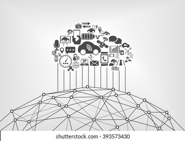 Connected Car And Internet Of Things Infographic Concept. Driverless Cars With World Wide Web.