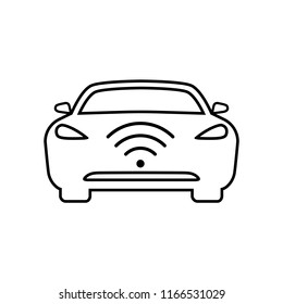 Connected car line icon. Car front view and wi-fi, gps, wireless navigator or alarm signal. Vector Illustration